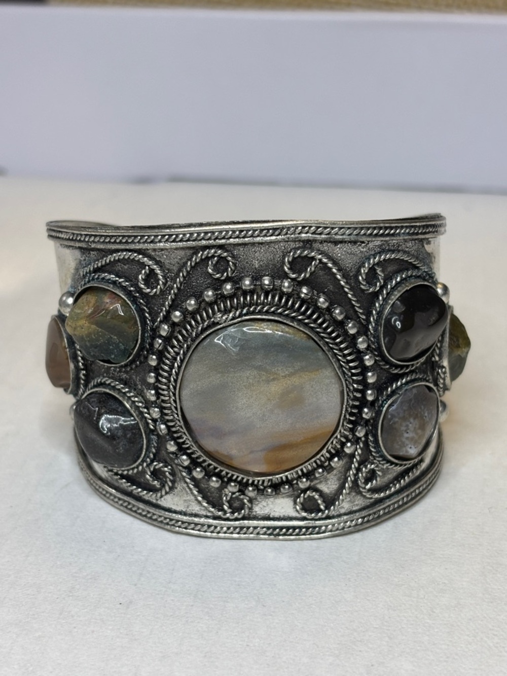 Wide Silver Cuff Bracelet with Polished Stone Cabochons - Picture 2 of 9